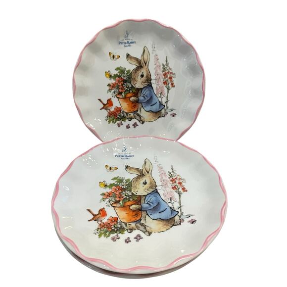Beatrix Potter Peter Rabbit Easter Salad Plates Set of 4 Scalloped Pink Trim NEW - Picture 2 of 14